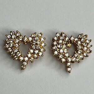 Vintage Gold Heart-Shaped Rhinestone Earrings Stud Jewelry